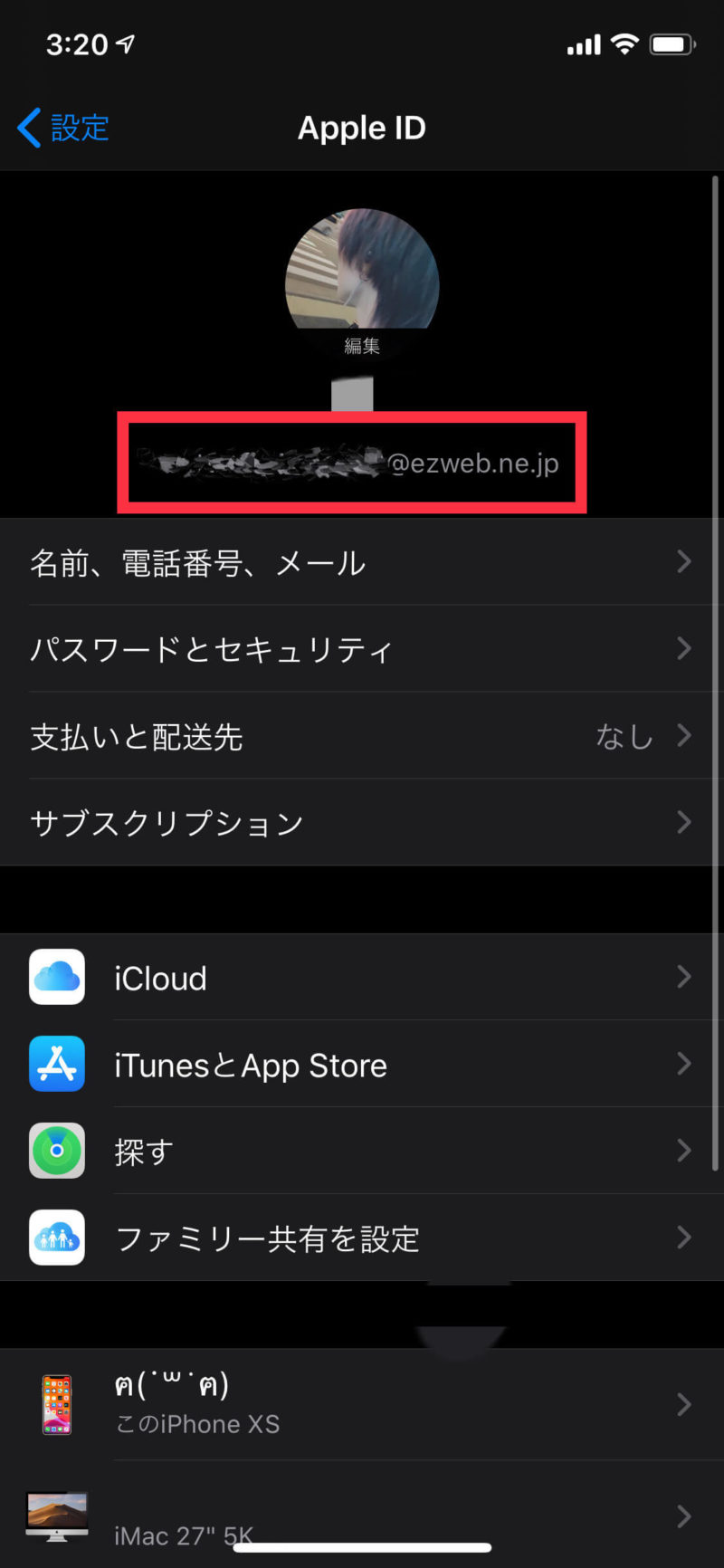 ユーザー名の直下にiCloudサインインのApple IDが表示される